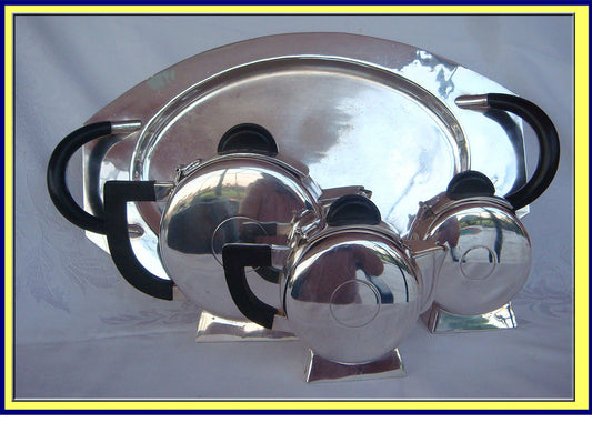art deco silver plate teaset teapot tray sugar milk creamer