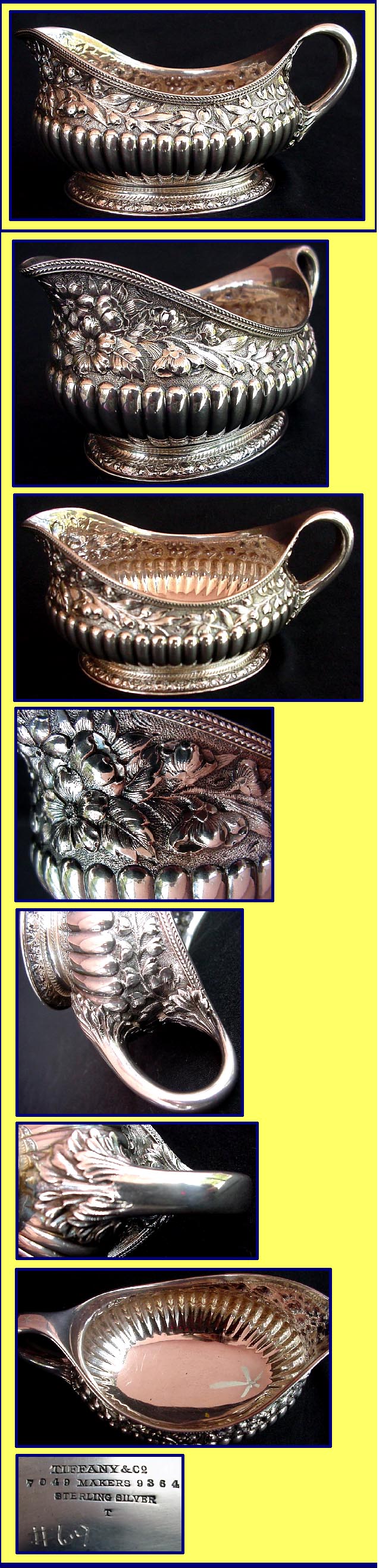 TIFFANY & CO Antique Victorian Repousse Sterling Silver Gravy Boat (2169)
