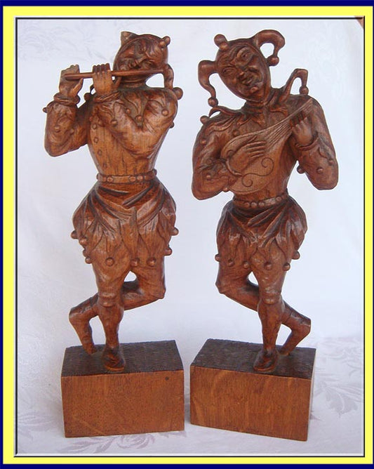 antique pair sculpted carved figures jester musician wood