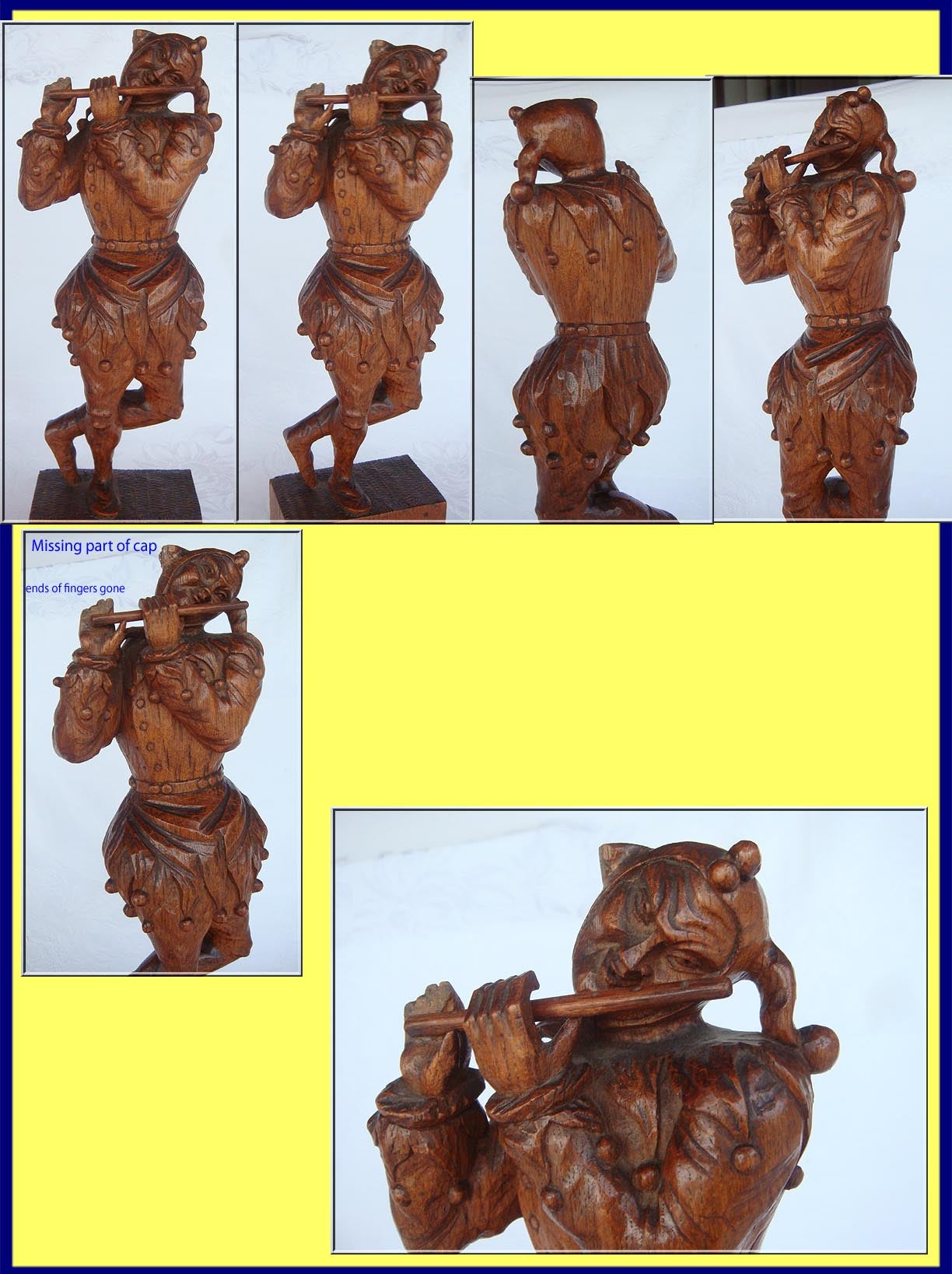 Antique Pair Sculpted Carved Figures Jester Musicians Wood (3953)